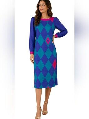 Vintage Flora Kung Advance 100% Silk Geometric Colorblock Midi Dress.Size Small